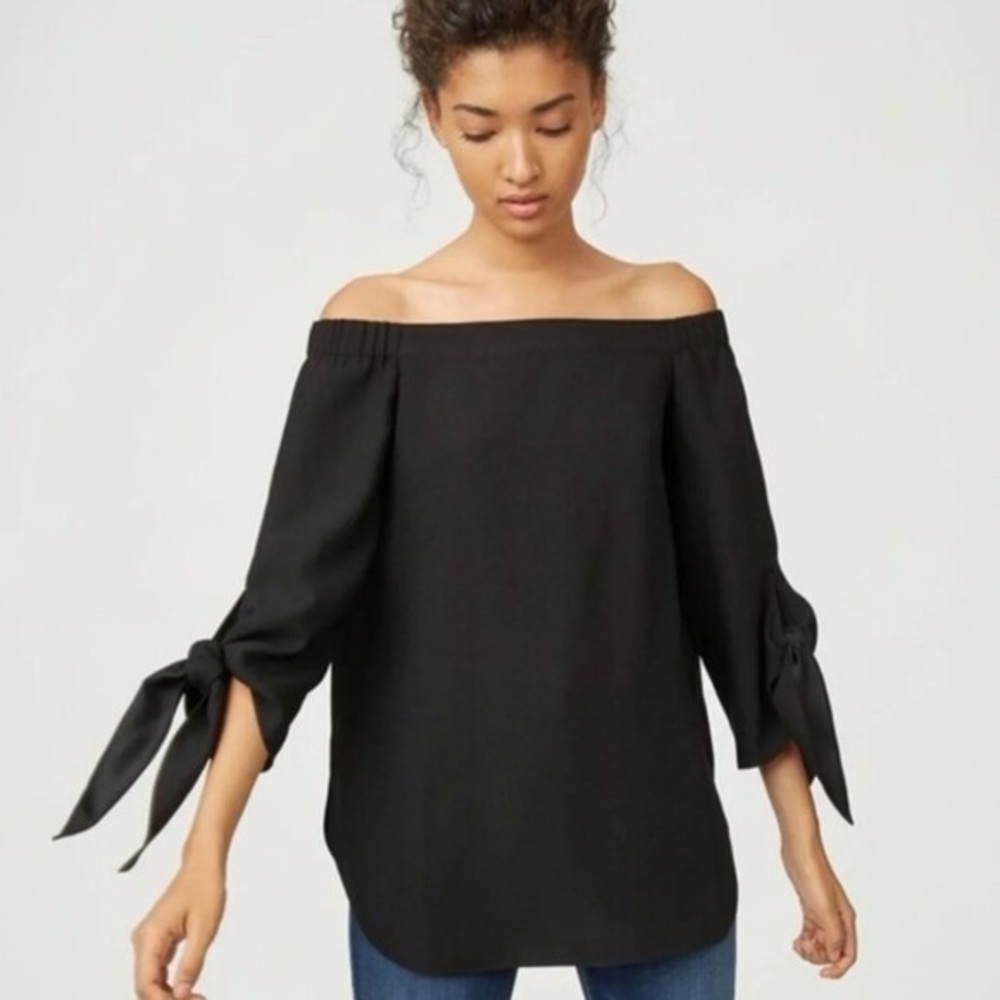 NWT Club Monaco Sophiya Off-The-Shoulder Tie-Sleeve Top‎ Black 00